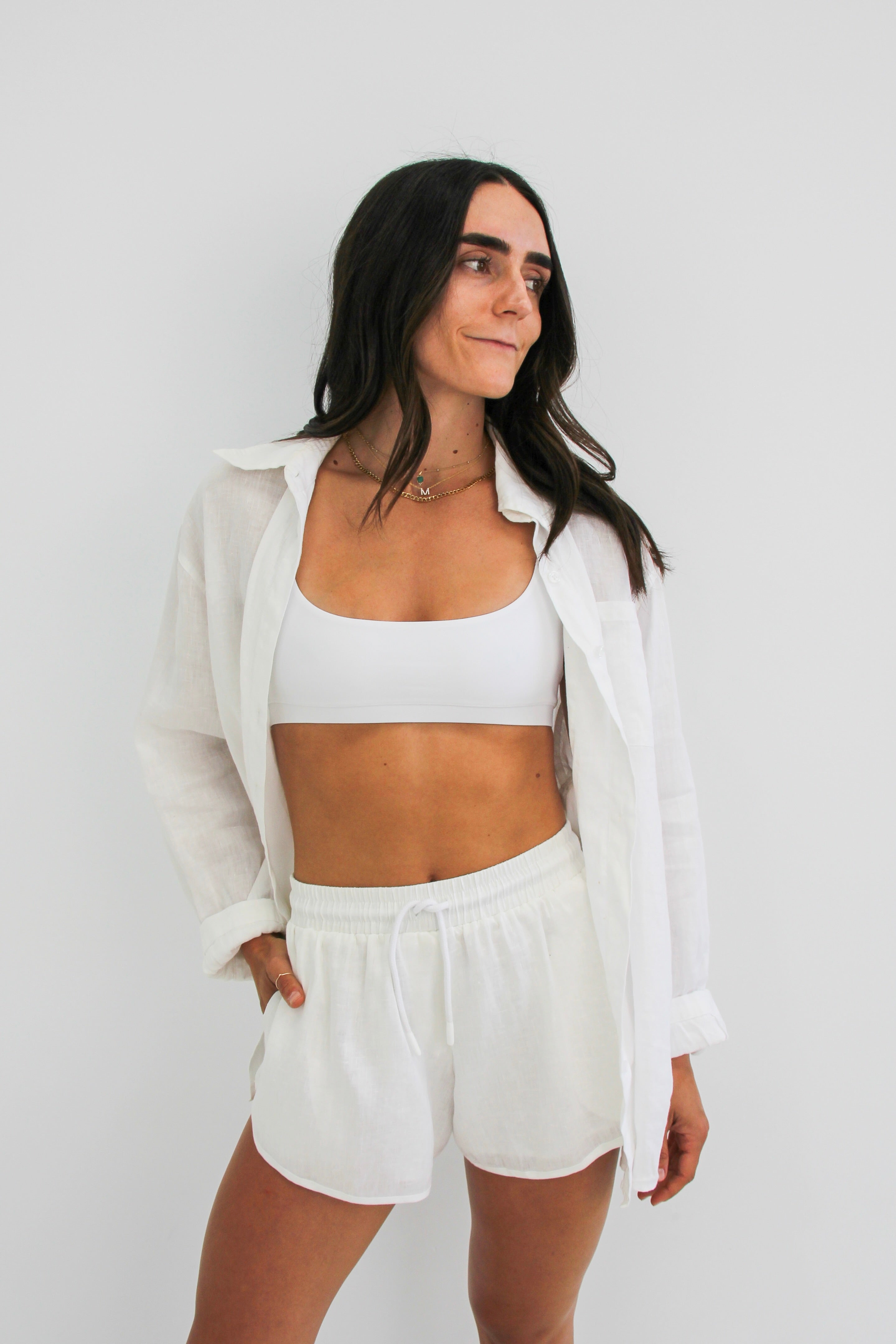 HyperLuxe Linen Drawstring Shorts- White