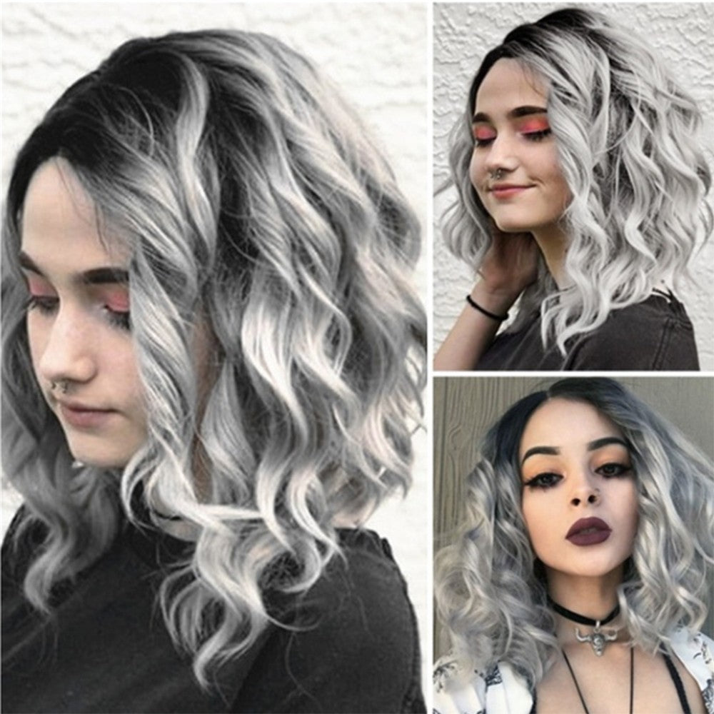 Short Wavy Bobo Human Hair Rose Net Wig Glueless Front Wigs Gray Women