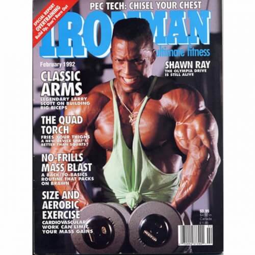 IronMan Magazine Cover features Ivanko Dumbbell flys for huge arms and strength