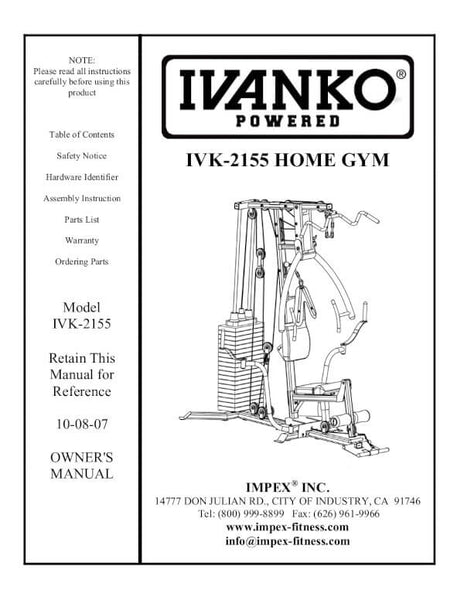 IVK-2155 Ivanko home gym users manual cover