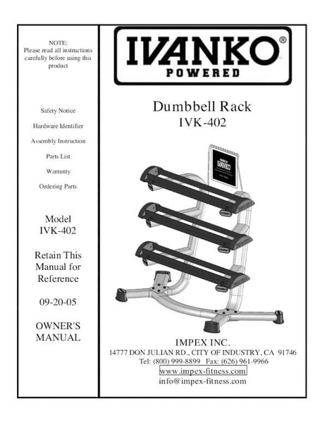 Ivanko IVK-402 dumbbell rack owner's manual cover