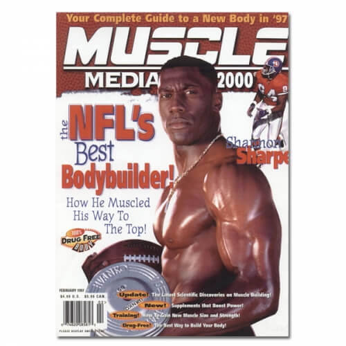 Muscle Media 2000 Cover Shannon Sharpe lifts Ivanko Dumbbell