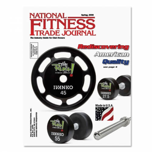 National Fitness Trade Journal cover features Ivanko Urethane plate, olympic bar, and urethane dumbbells made in USA