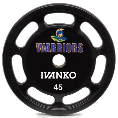 Warriors custom branded Ivanko urethane e-z lift weight plate” /></div>
<div><img src=