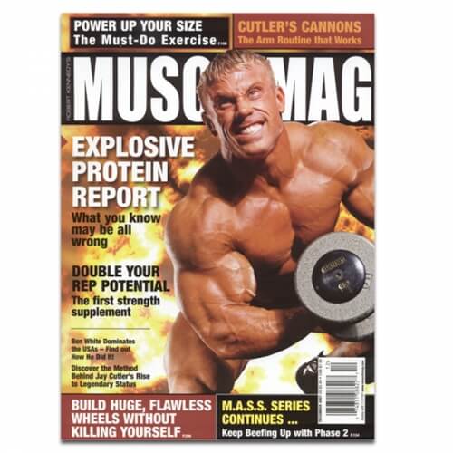 MuscleMag Cover building huge arms with Ivanko Dumbbells