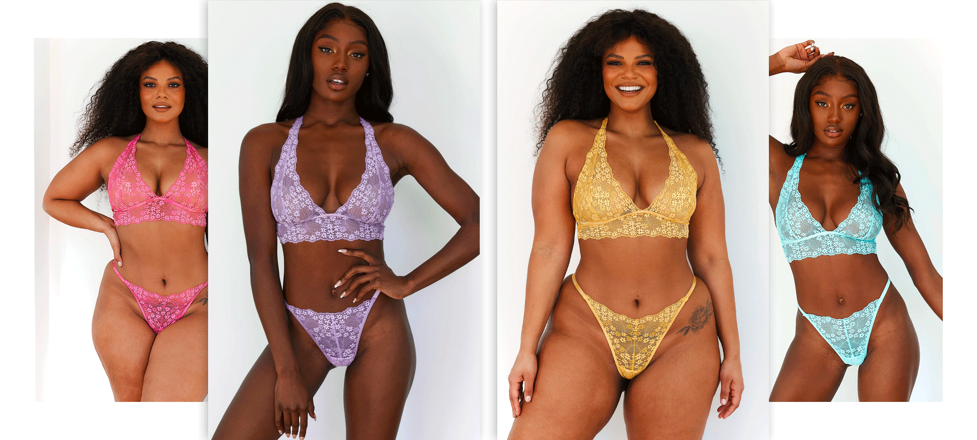 Lace Triangle Sets in Mustard, Hot Pink, Aqua and Lilac