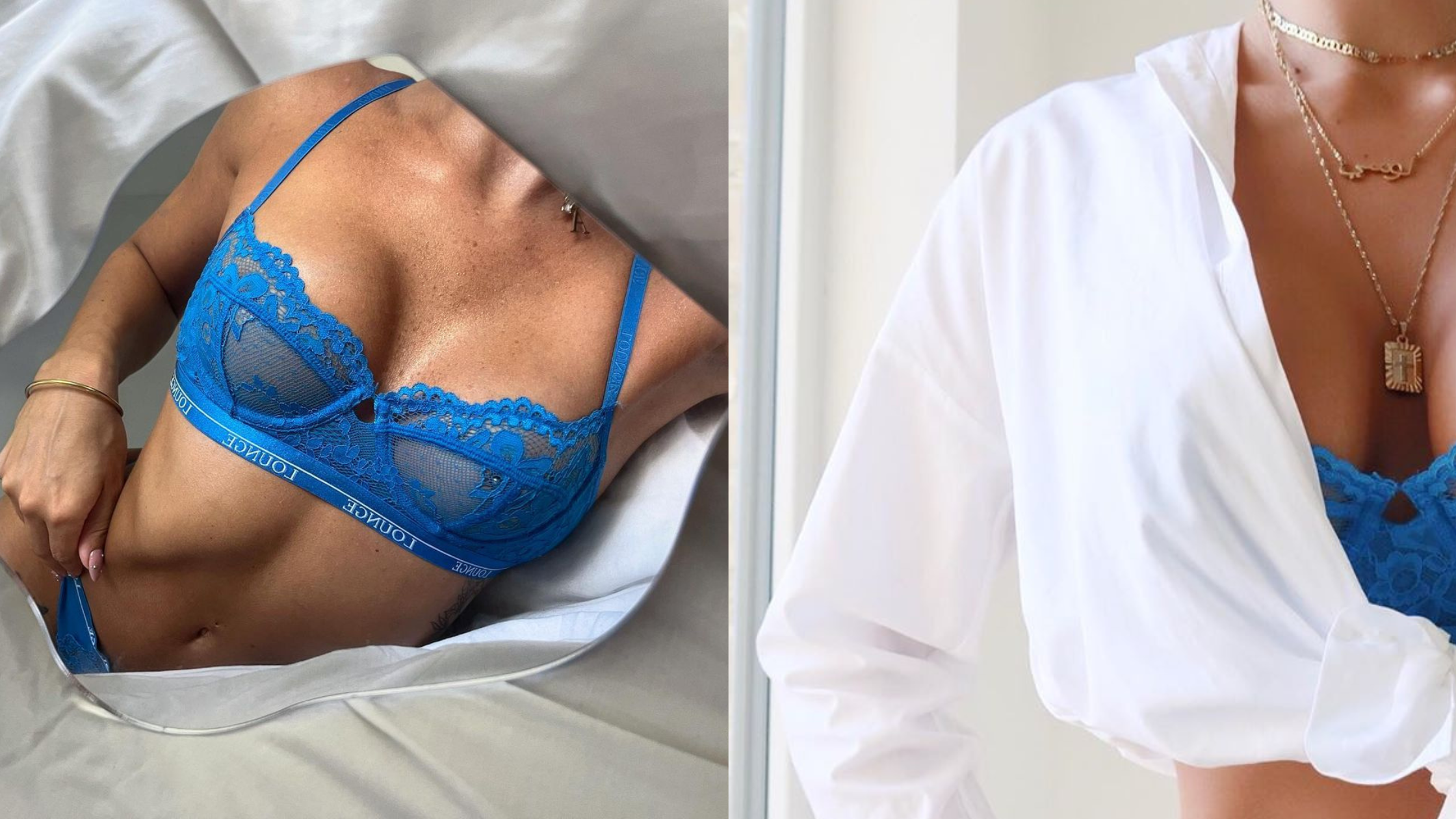 blue balcony bra with white shirt and gold jewellery