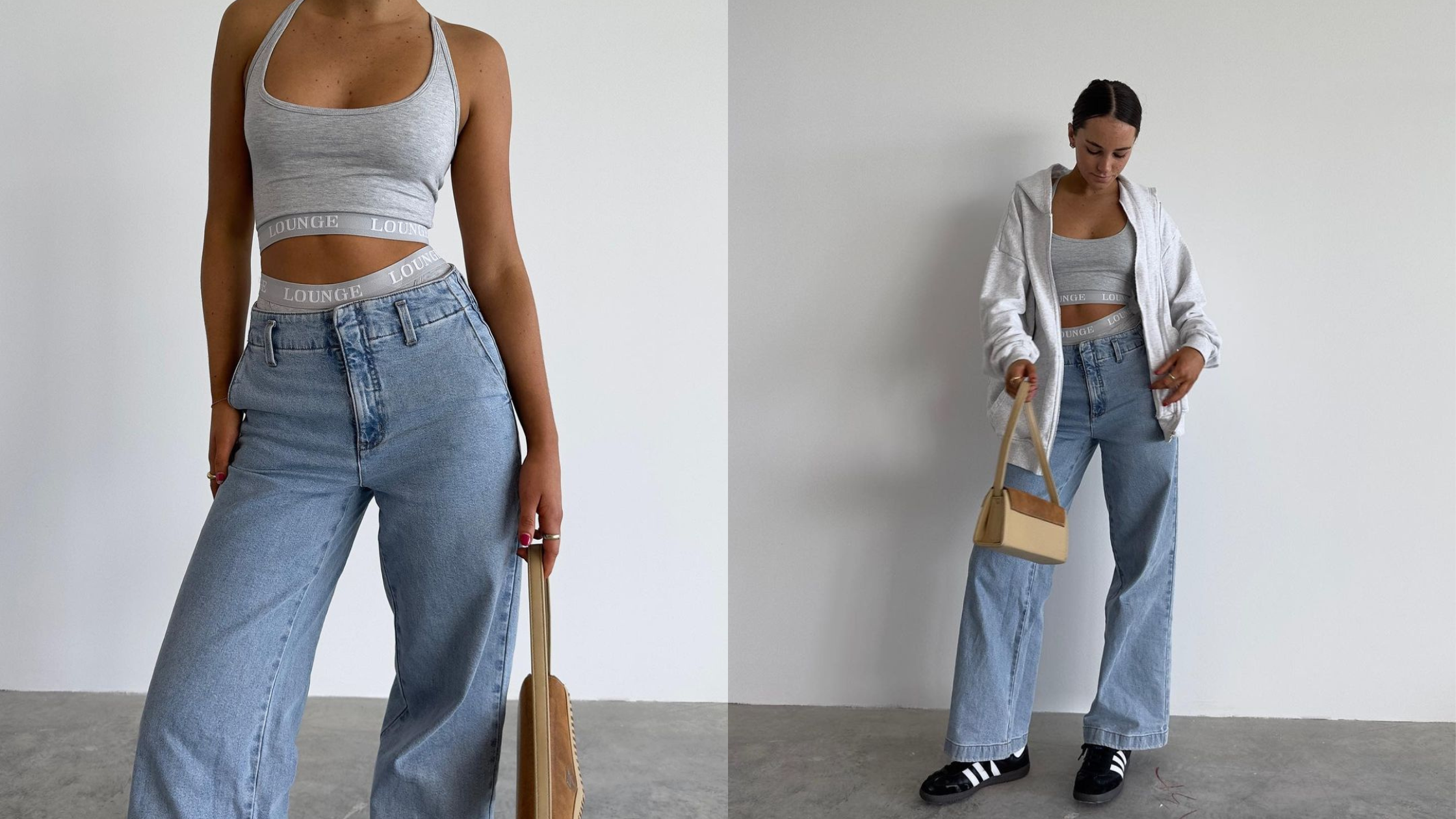 grey bralette with blue jeans