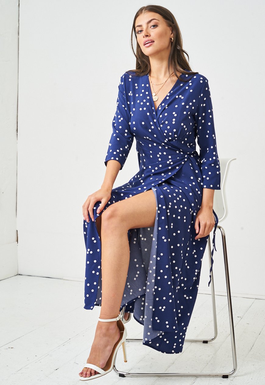 navy blue polka dot wrap dress