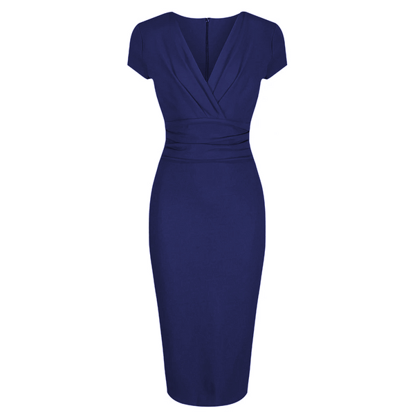 Navy Blue Deep V Cap Sleeve Bodycon Ruched Waist Wiggle Dress - Pretty ...