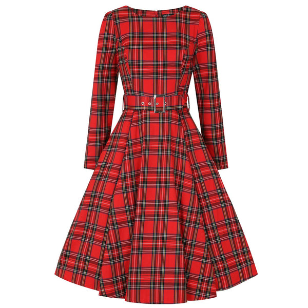 Red Tartan Long Sleeve Burns Night & Rockabilly Style Swing Dress ...