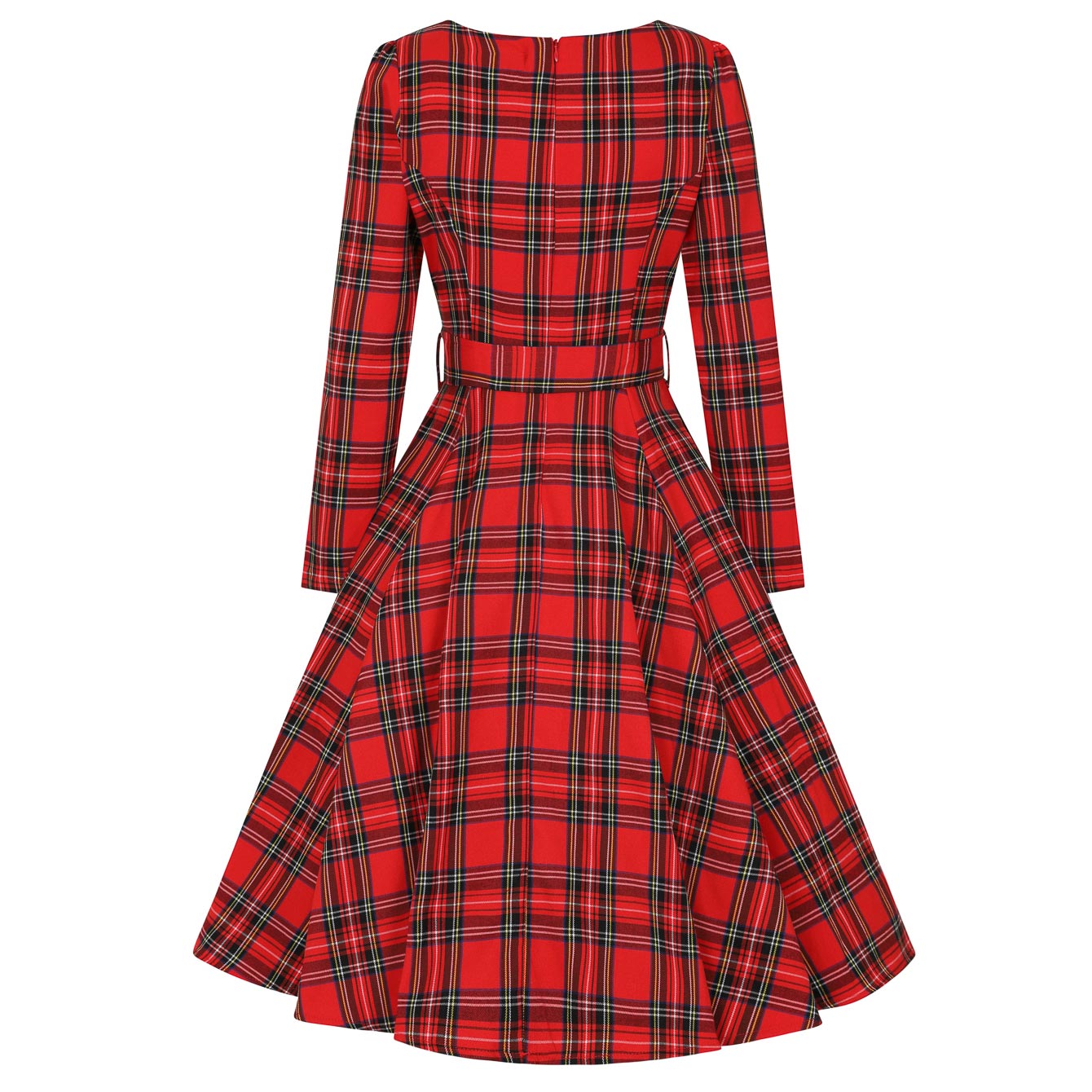 Red Tartan Long Sleeve Boat Neck Burns 50s Swing Rockabilly Dress ...