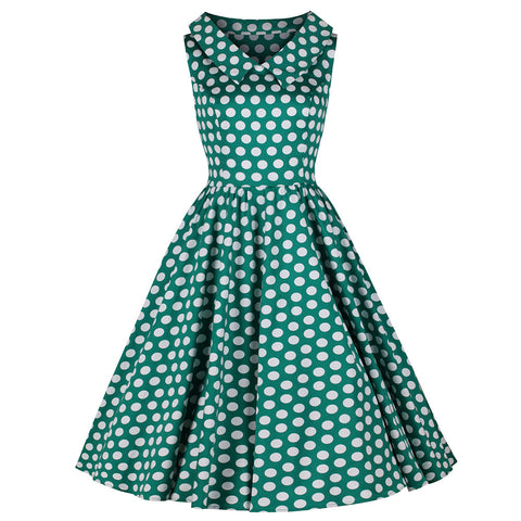 Navy Blue Polka Dot and Rose Print Belted Swing Dress – Pretty Kitty ...