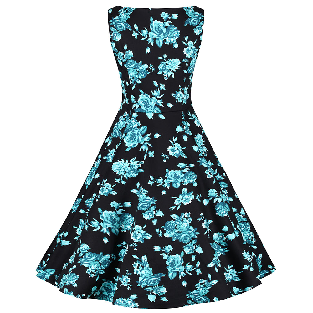 Black and Blue Floral Print Rockabilly 50s Swing Dress - Pretty Kitty ...