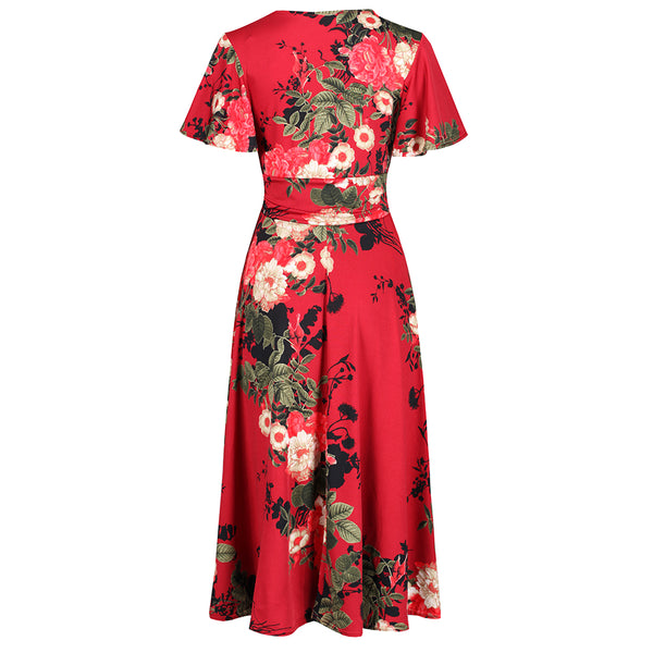 Red Wine Floral Print Cap Sleeve V Neck Wrap Top Swing Dress - Pretty ...