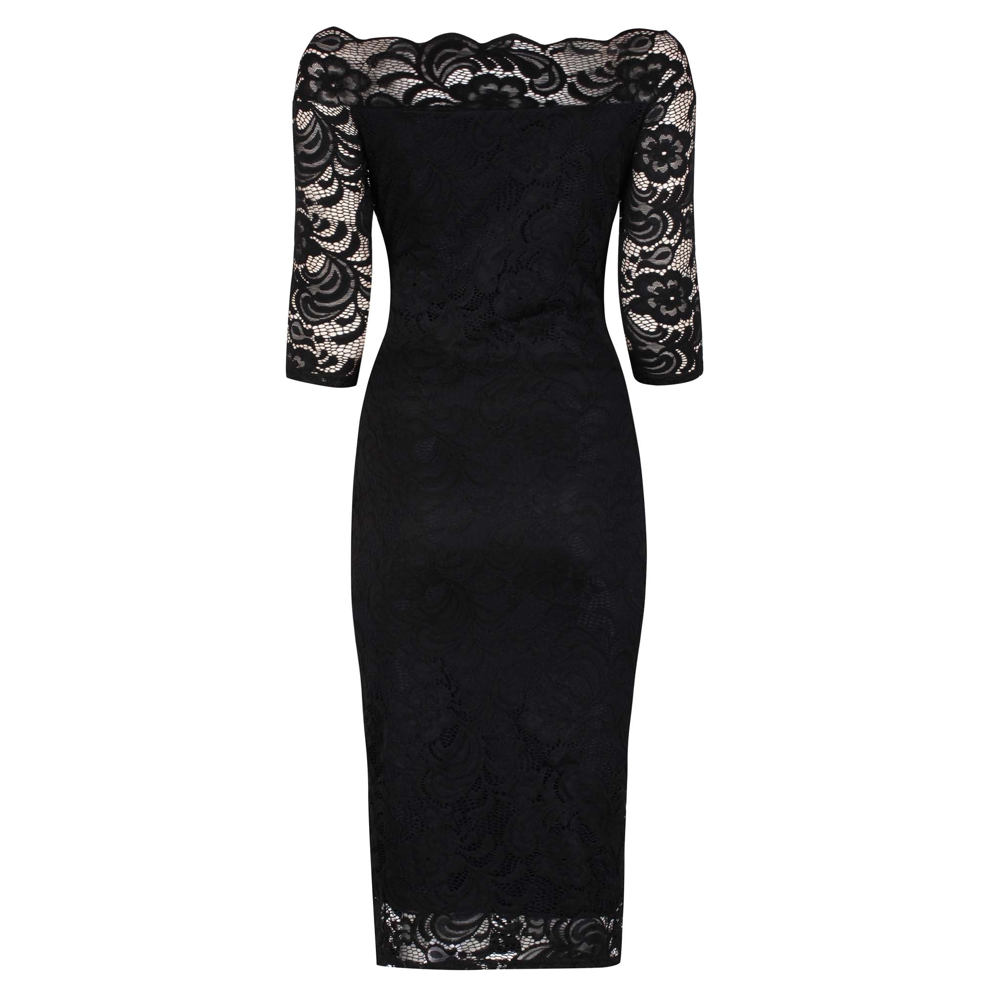 Black Lace 3/4 Sleeve Vintage Bardot Bodycon Wiggle Dress - Pretty ...
