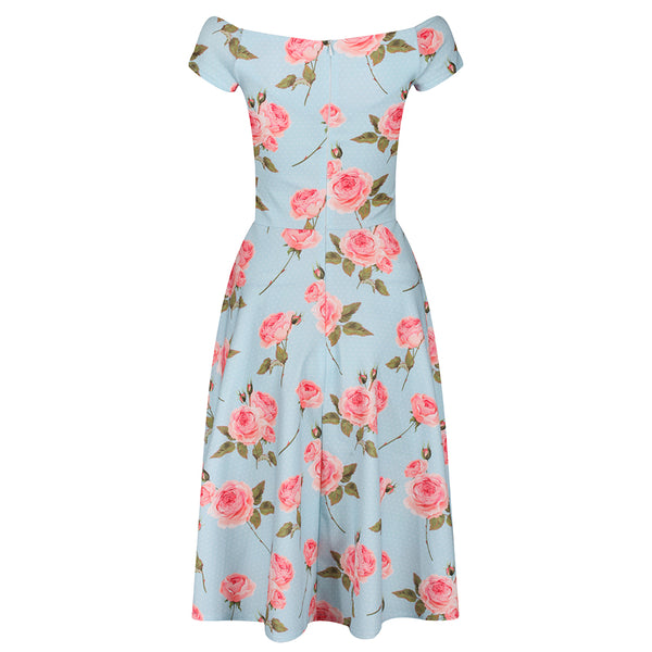 Blue and Pink Floral Cap Sleeve V Neck Swing Dress - Pretty Kitty Fashion