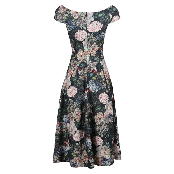 Navy Blue Black Floral Print Crossover Bardot 50s Swing Dress - Pretty ...