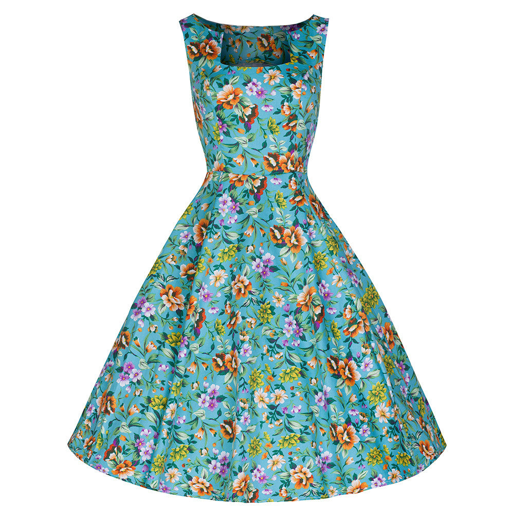 PRETTY KITTY 50s TURQUOISE FLORAL SWING ROCKABILLY PARTY COCKTAIL PROM ...