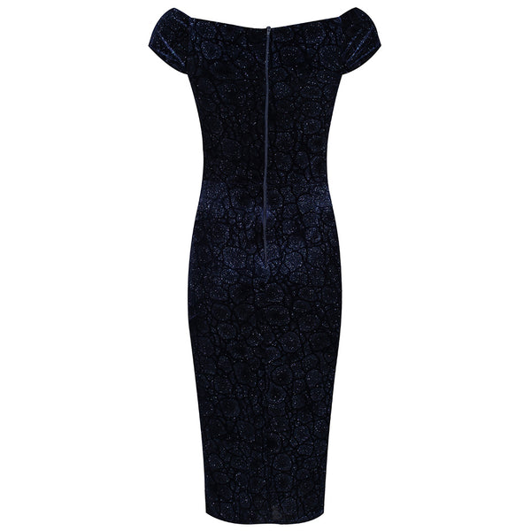 Navy Blue Vintage Animal Print Velvet Capped Sleeve Wiggle Dress ...