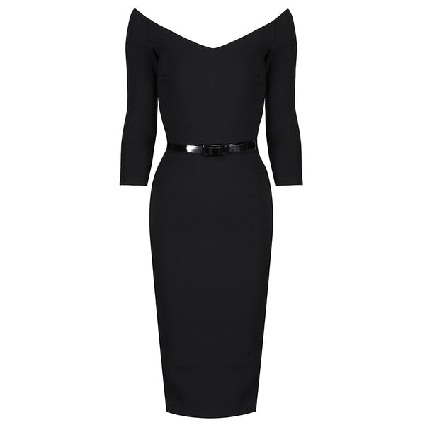Black Vintage Belted 3/4 Sleeve Bodycon Wiggle Work Office Pencil Dres ...