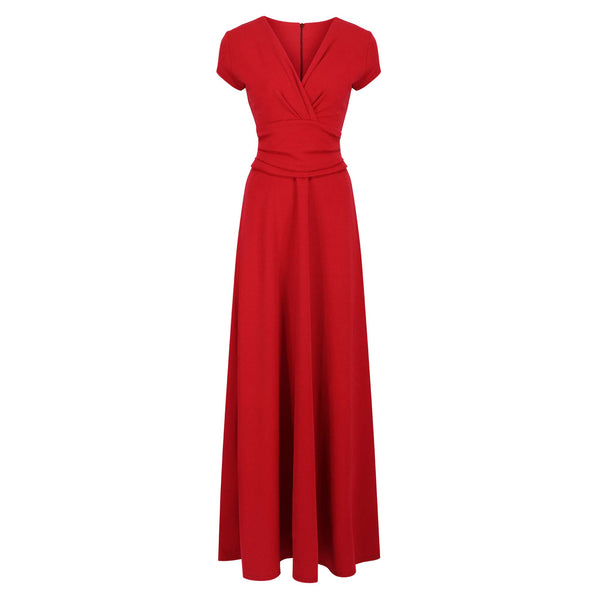 Red V Neck Cap Sleeve Maxi Dress - Pretty Kitty Fashion