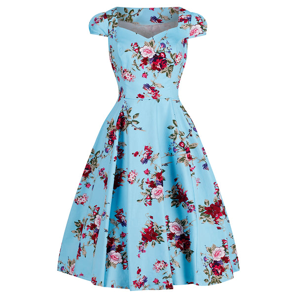 Sky Blue Vintage Floral Blossom Rockabilly Swing Dress - Pretty Kitty ...