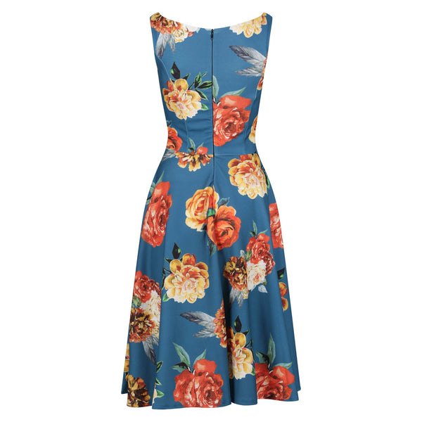 Teal Blue Rose Floral Print Audrey Style 1950s Swing Dress - Pretty ...