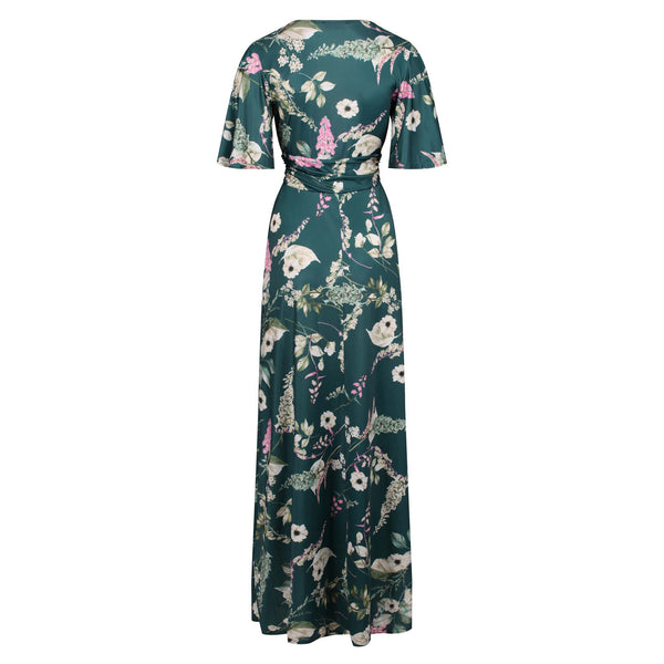 Green Floral Print Waterfall Sleeve Maxi Dress - Pretty Kitty Fashion