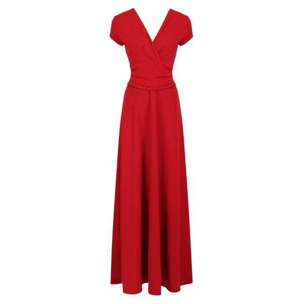 Red V Neck Cap Sleeve Maxi Dress - Pretty Kitty Fashion