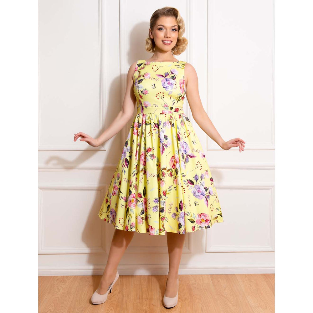 Tropical Floral Retro Peggy Peasant Swing Dress, in Grey