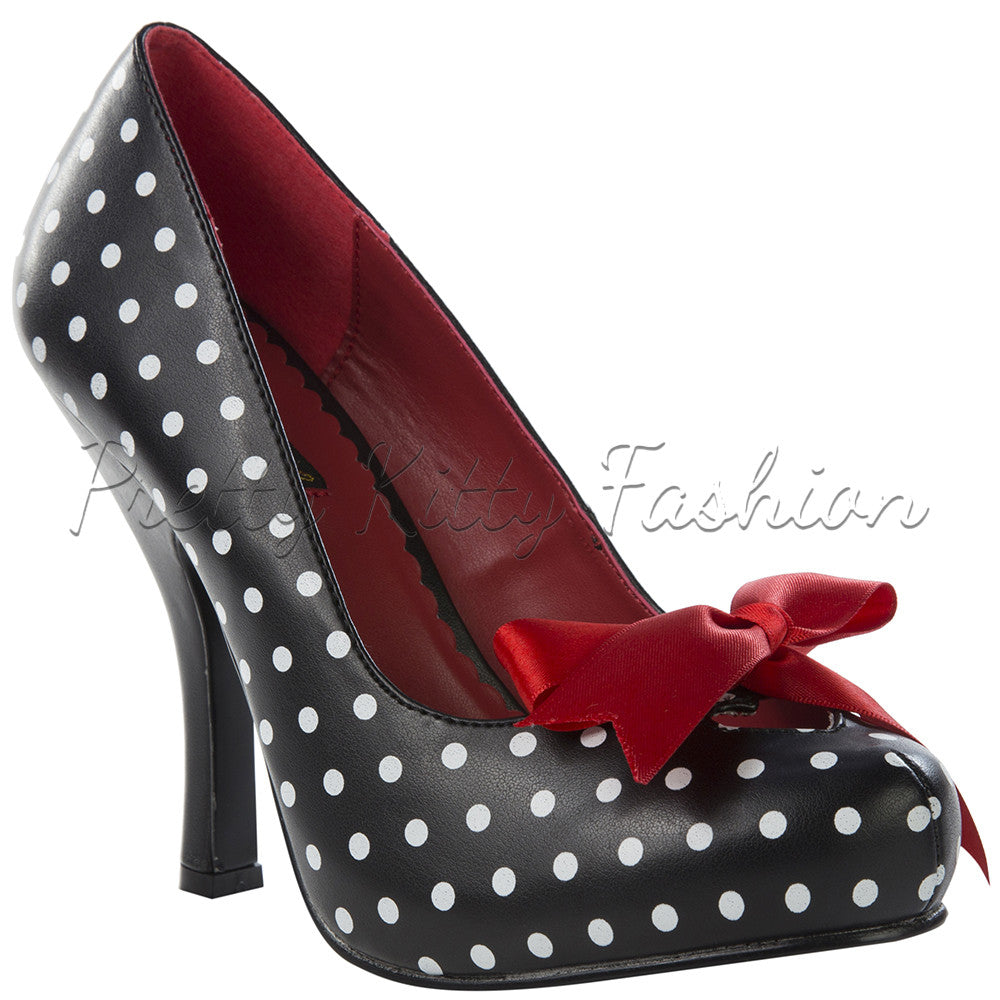 black and white polka dot shoes with red heels