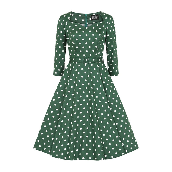 Green And White Polka Dot Vintage 50s 3/4 Sleeve Swing Dress - Pretty ...
