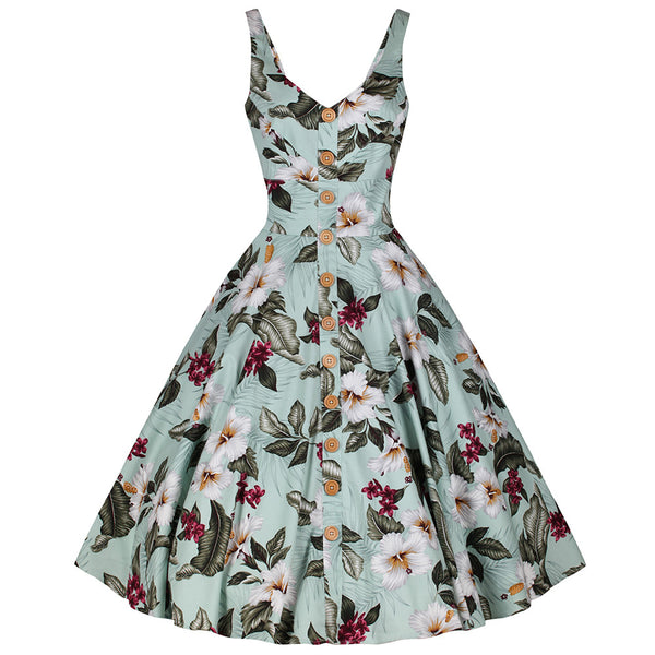 Mint Green Retro Vintage Floral Print Summer 50s Swing Dress - Pretty ...