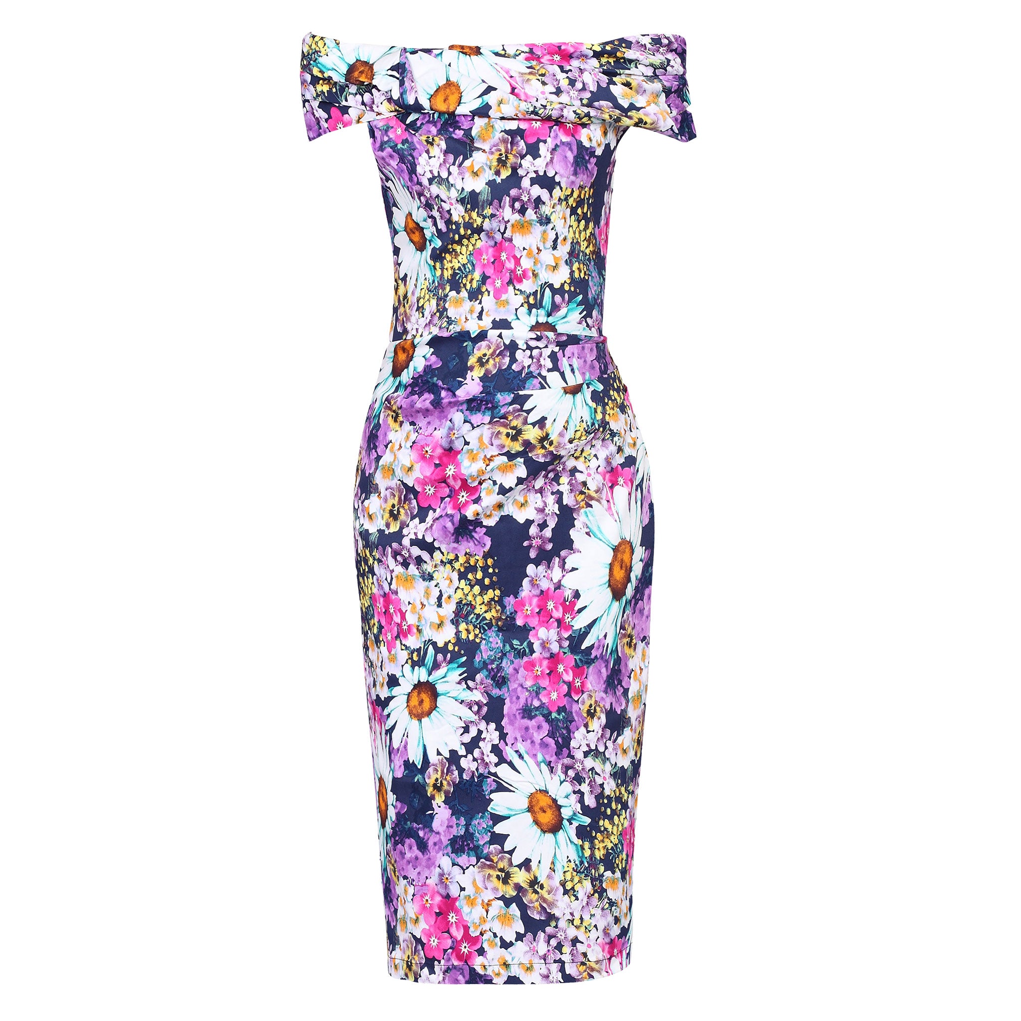 Purple Multi Floral Print Bardot Off The Shoulder Wiggle Pencil Dress ...