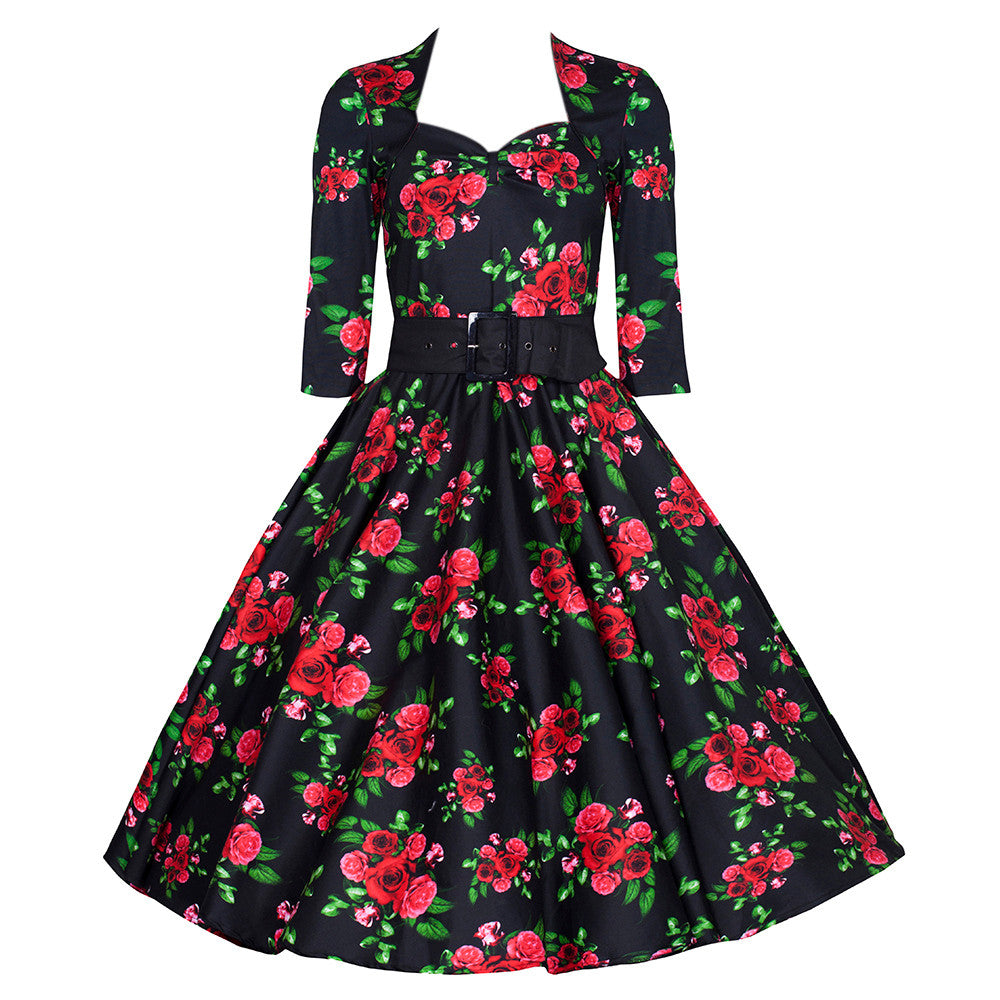 Vintage 1950s Black  and Red  Roses  Rockabilly Party Prom  