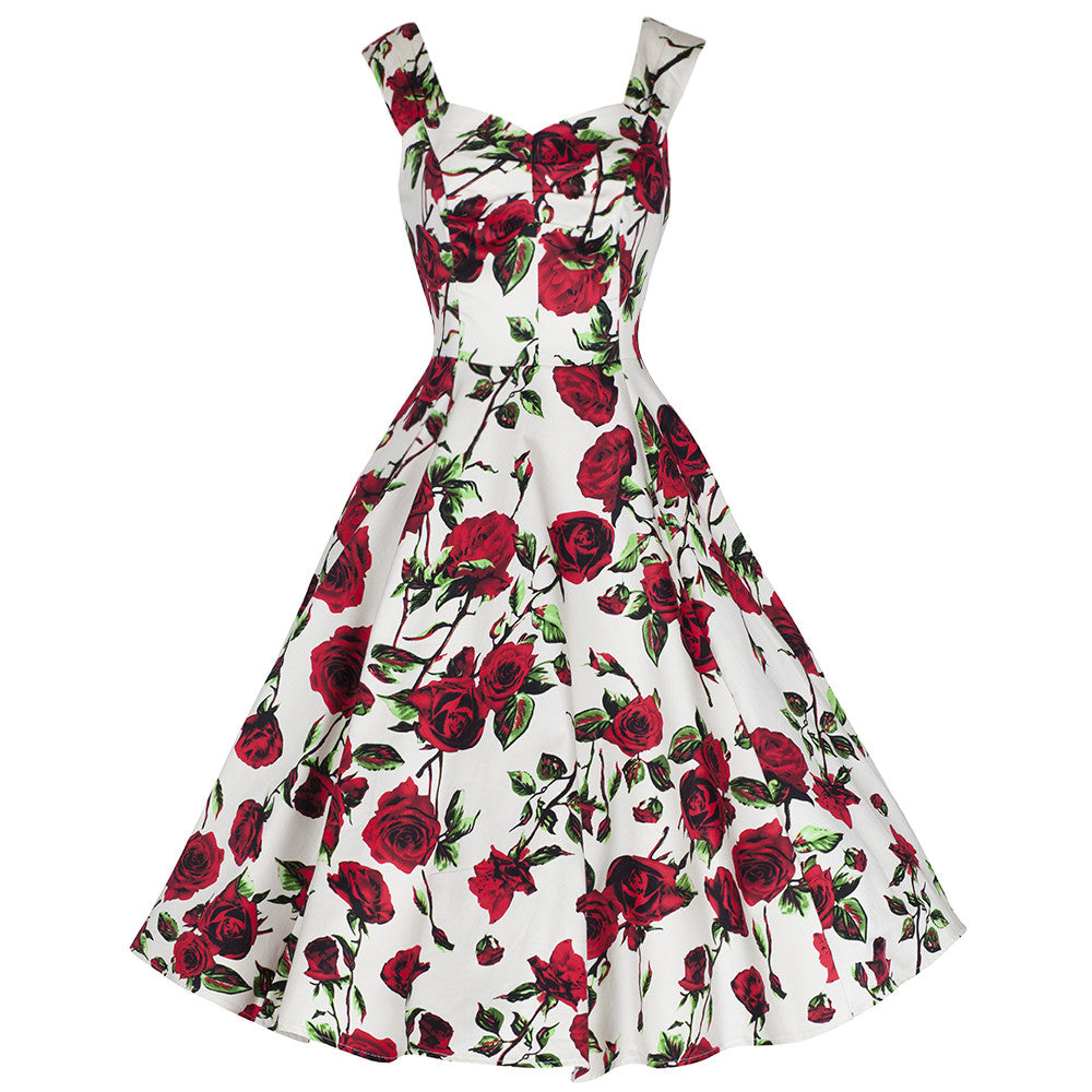 Ivory White and Red Rose Vintage Rockabilly Swing Dress - Pretty Kitty ...