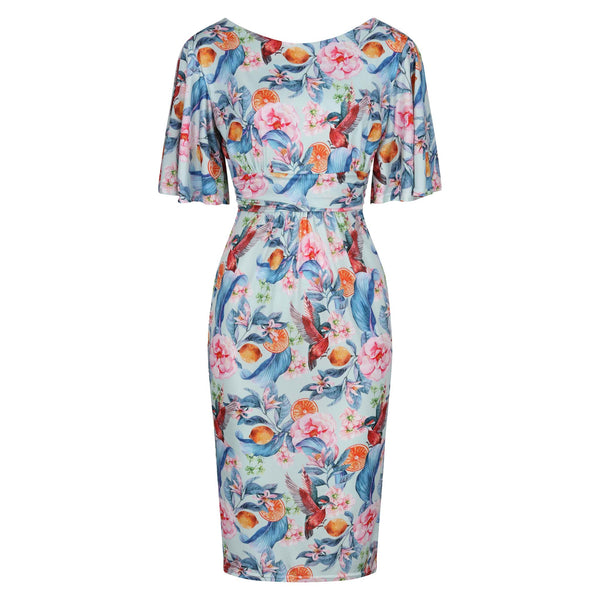 Blue Tropical Floral Fruit Print Waterfall Sleeve Bodycon Pencil Dress ...