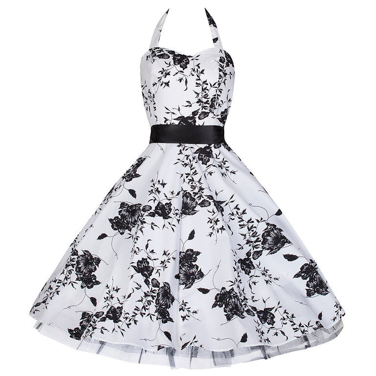 White and Black Floral Evening Party Prom Dress - Pretty Kitty Fashion