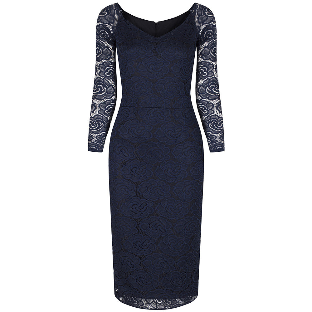 navy blue dress long sleeve lace