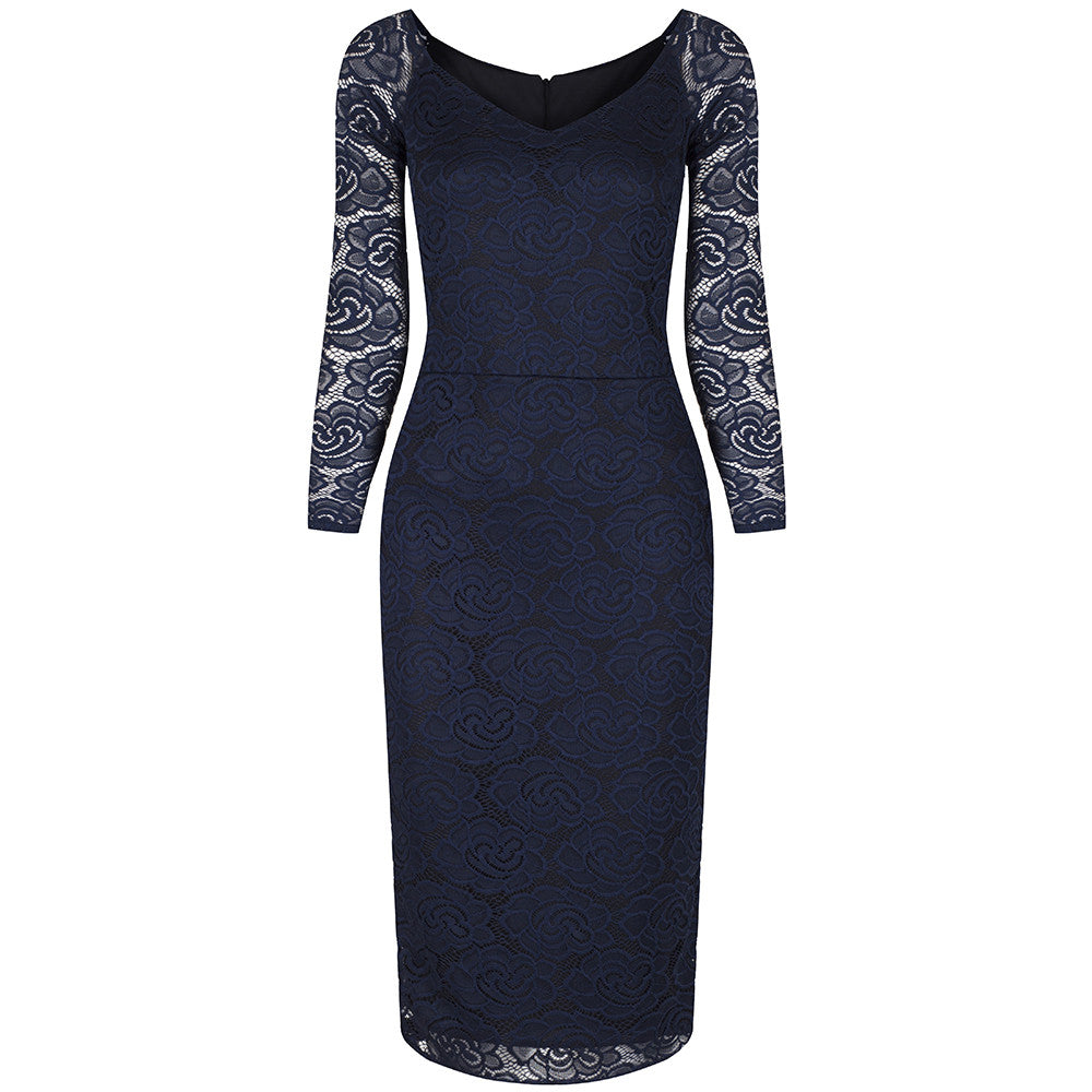 navy blue long sleeve lace dress