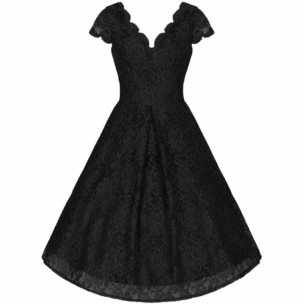 Jolie Moi Black Embroidered Lace Scalloped V Neck Capped Sleeve 50s Br ...