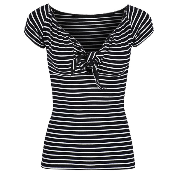 Black White Stripe Tie Front Short Sleeve Retro Top - Pretty Kitty Fashion