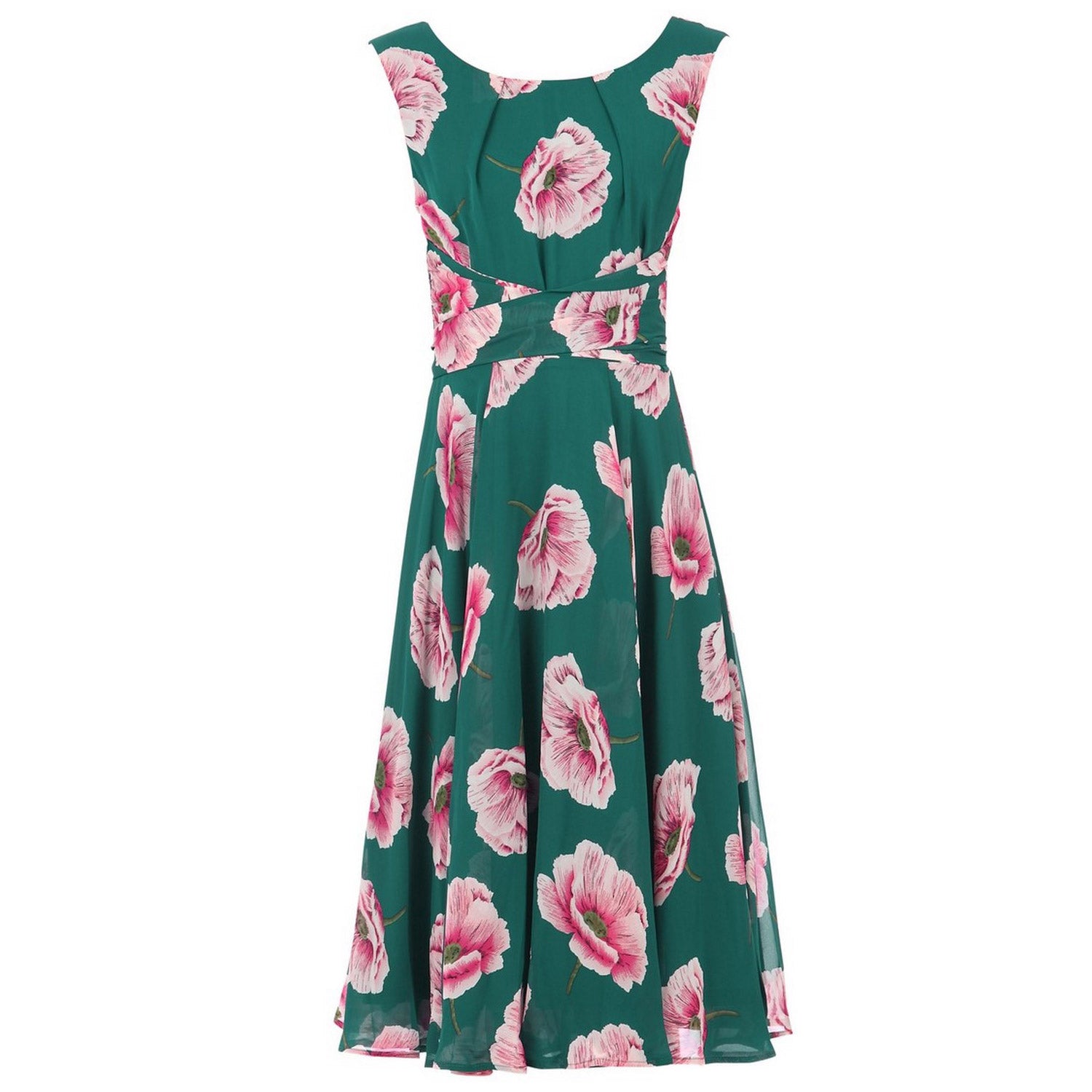 green and pink floral dress