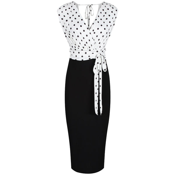 Ivory And Black Polka Dot Wrap Effect Bodycon Midi Dress - Pretty Kitty ...