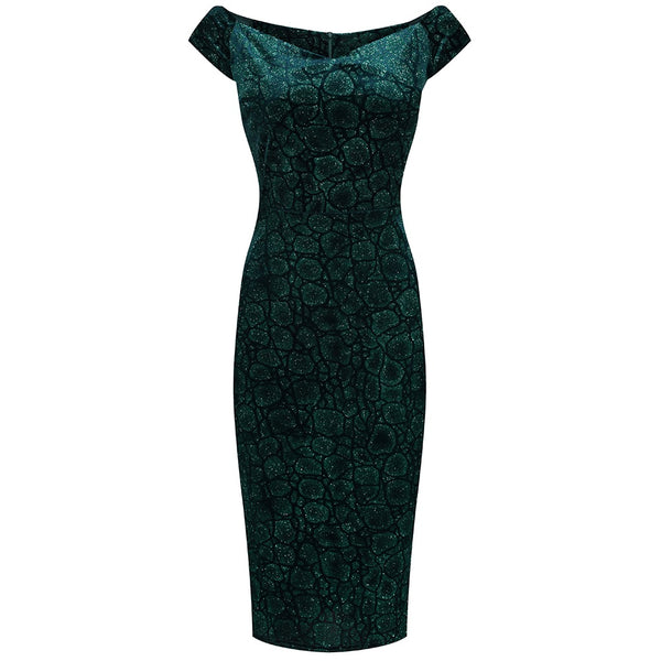 Green Vintage Animal Print Velvet Capped Sleeve Wiggle Dress - Pretty ...
