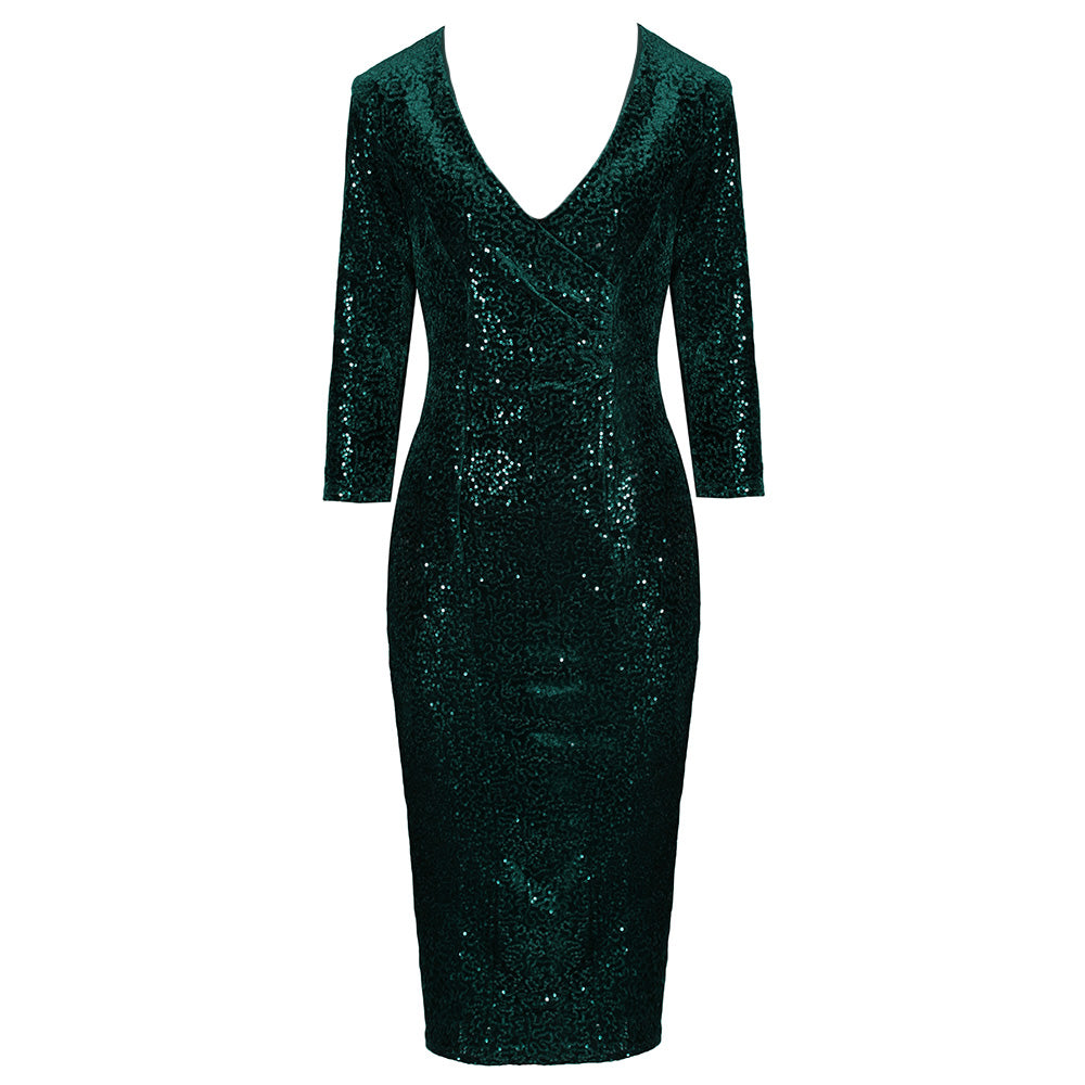 Dark Green 3/4 Sleeve V Neck Velour Sequin Pencil Wiggle Dress - Pretty ...