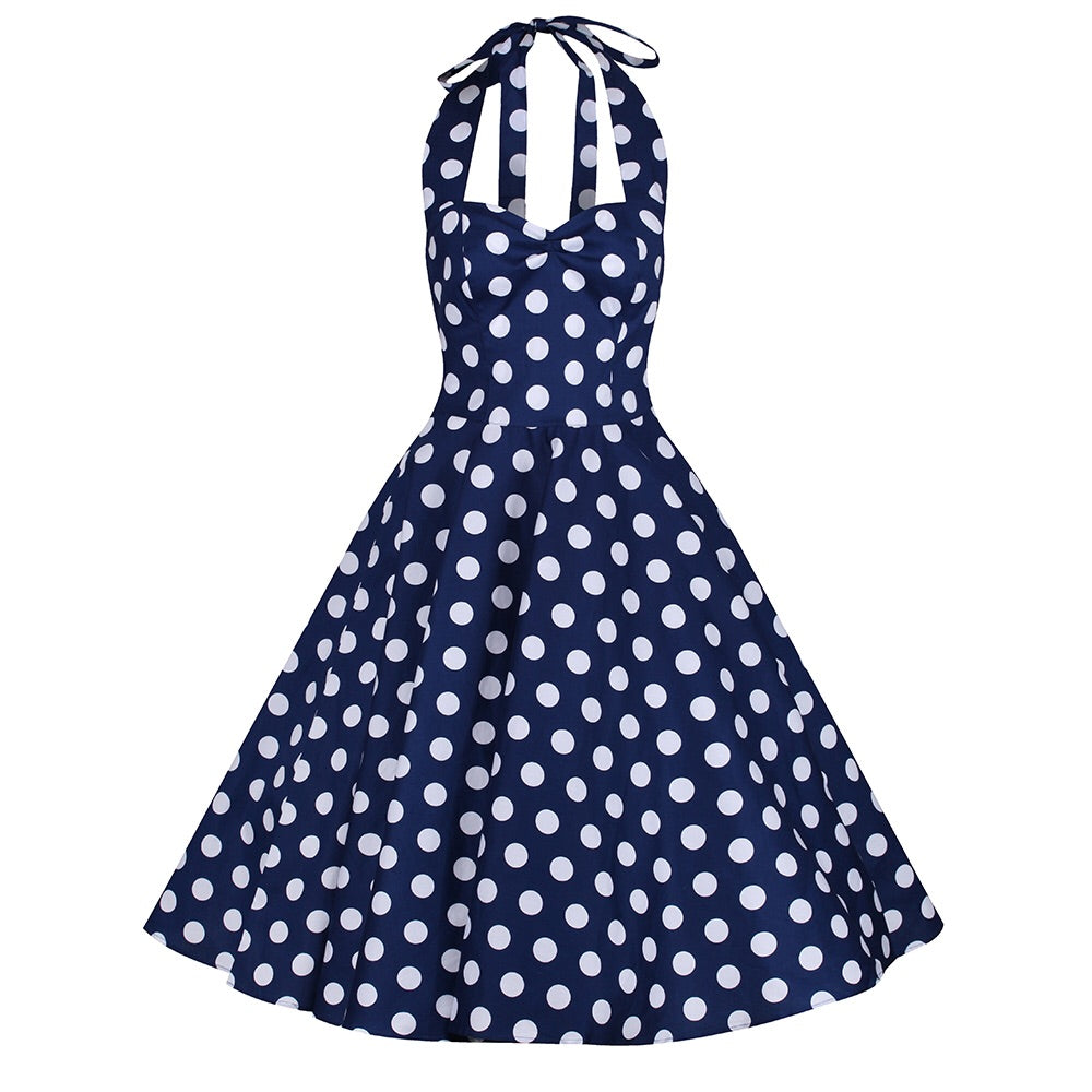 White Polka Dot & Red Rose Print Rockabilly 50s Swing Dress w