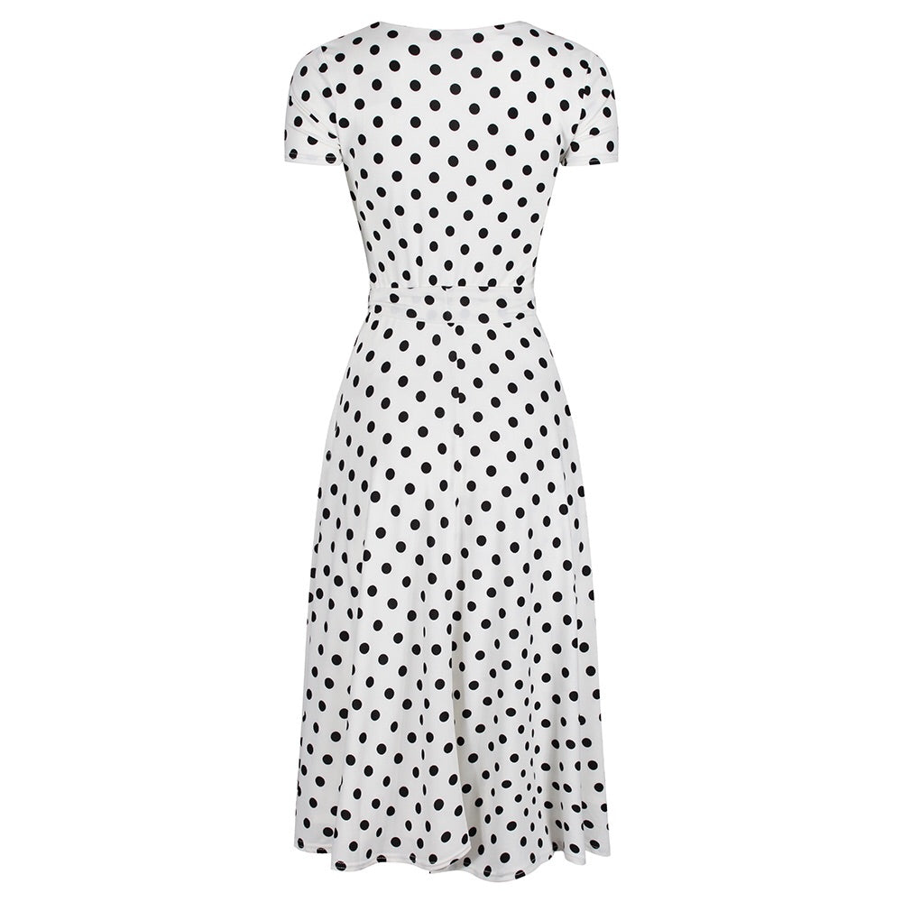 white midi dress with black polka dots