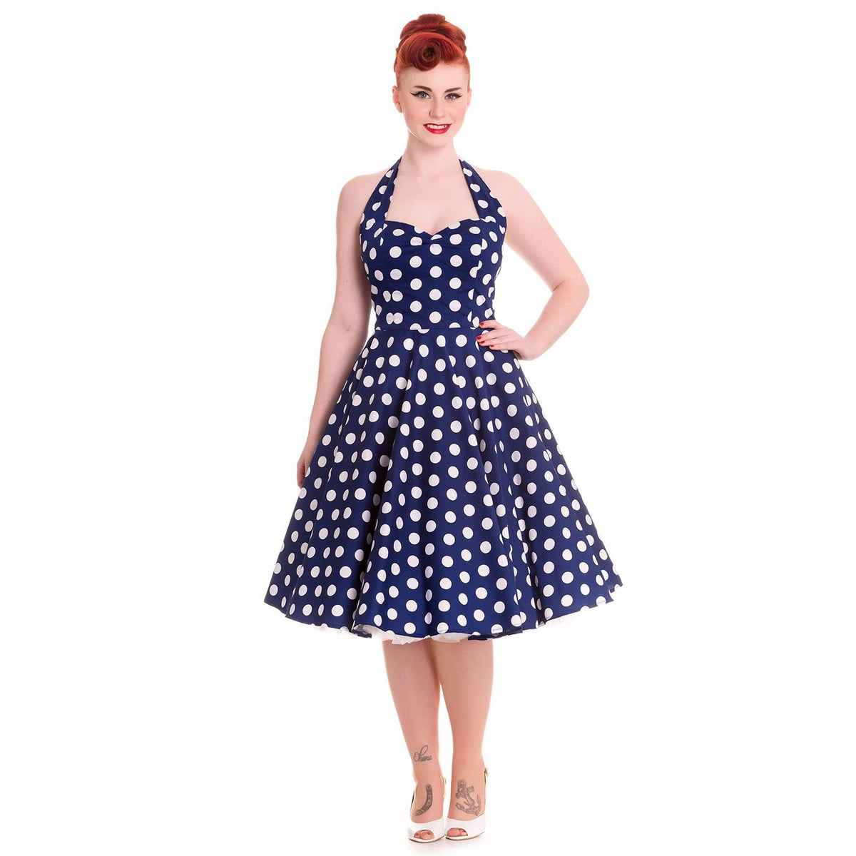 Navy Blue And White Vintage 1950s Polka Dot Swing Dress Pretty Kitty